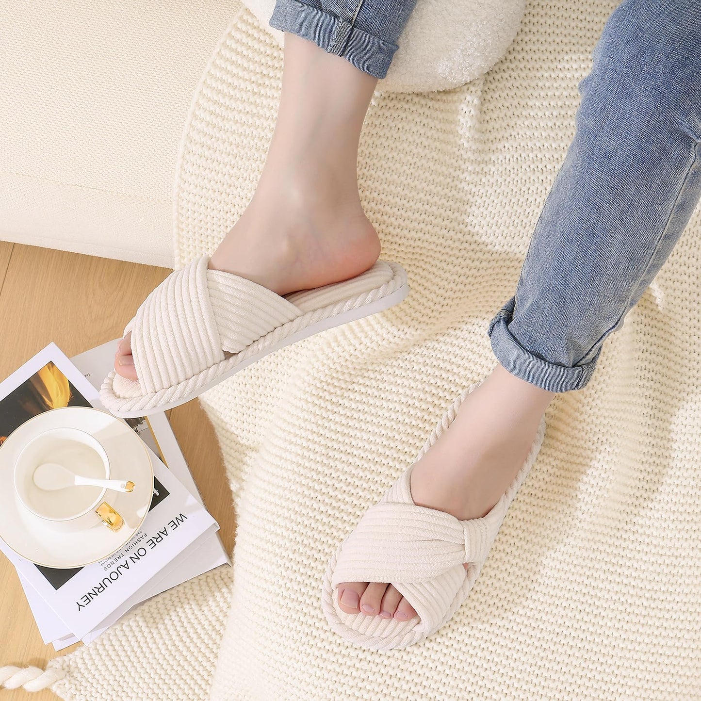 Litfun Women's Open Toe Slippers Corduroy Cross Bow