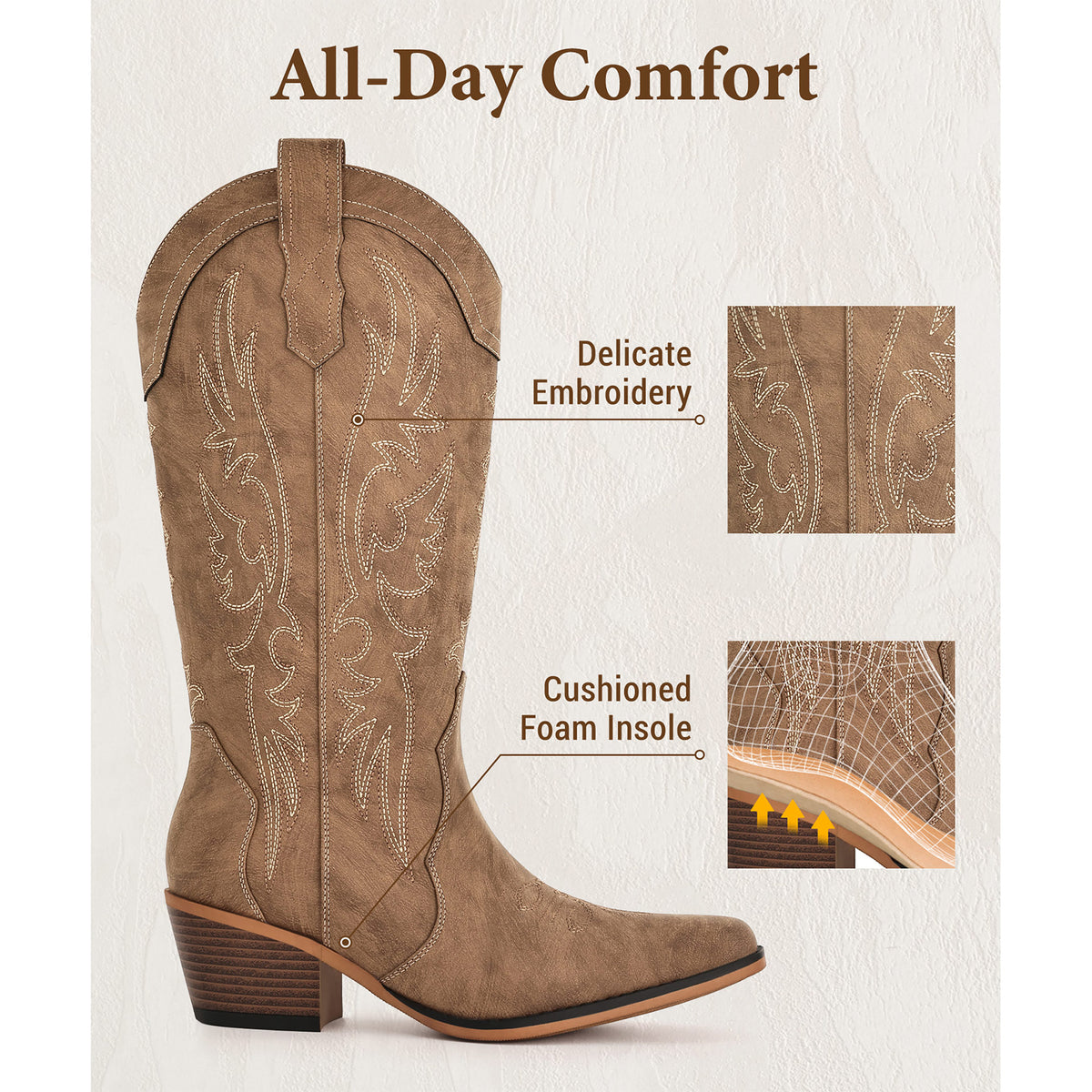 Litfun Cowboy Boots for Women Wide Calf Embroidered Cowgirl Boots Pointed Toe Chunky Block Heel Western Boots