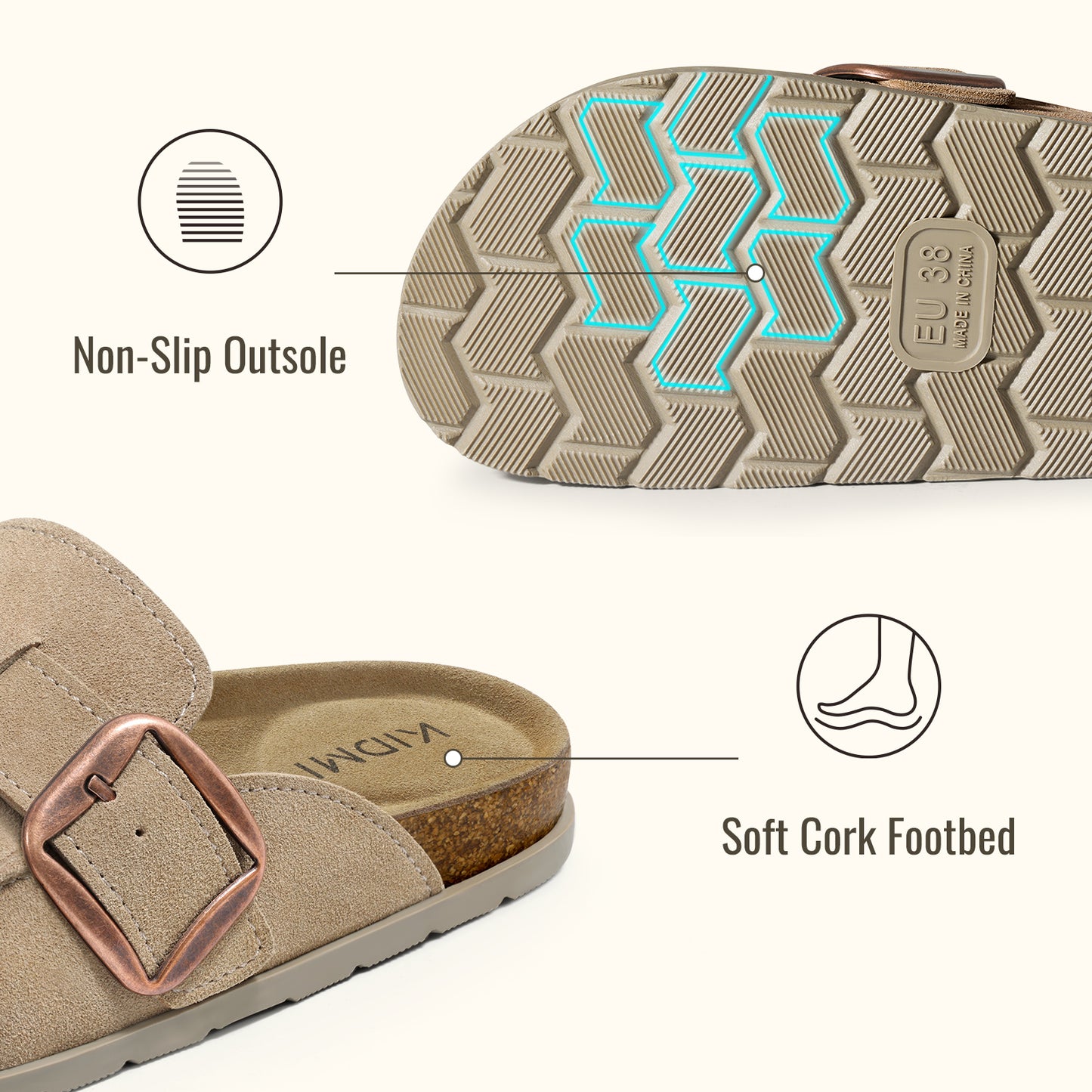 KIDMI Genuine Suede Clogs for Women Cork Footbed Leather Mules Slip On with Comfort Memory Foam and Adjustable Buckle