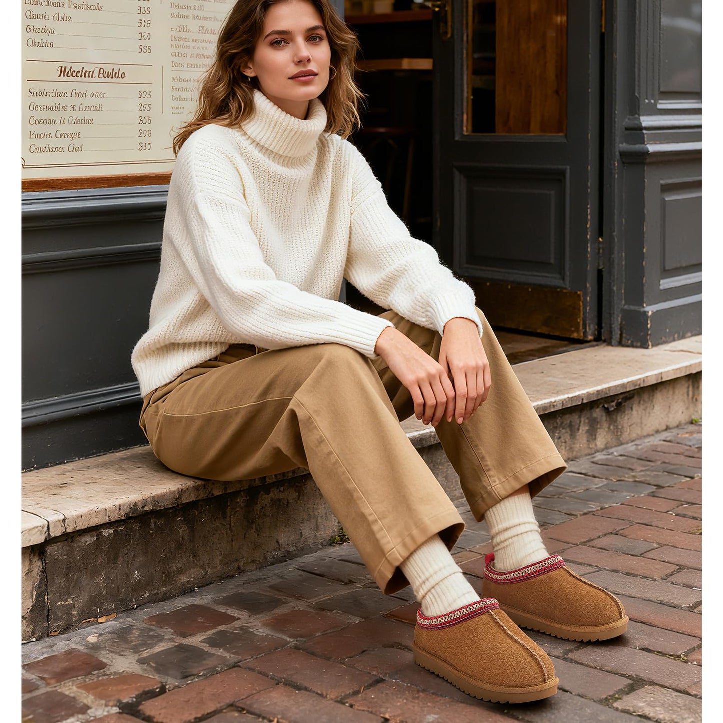 Comwarm Genuine Suede House Fuzzy Slippers for Women Men, Warm Memory Foam Shoes Indoor Outdoor, Khaki