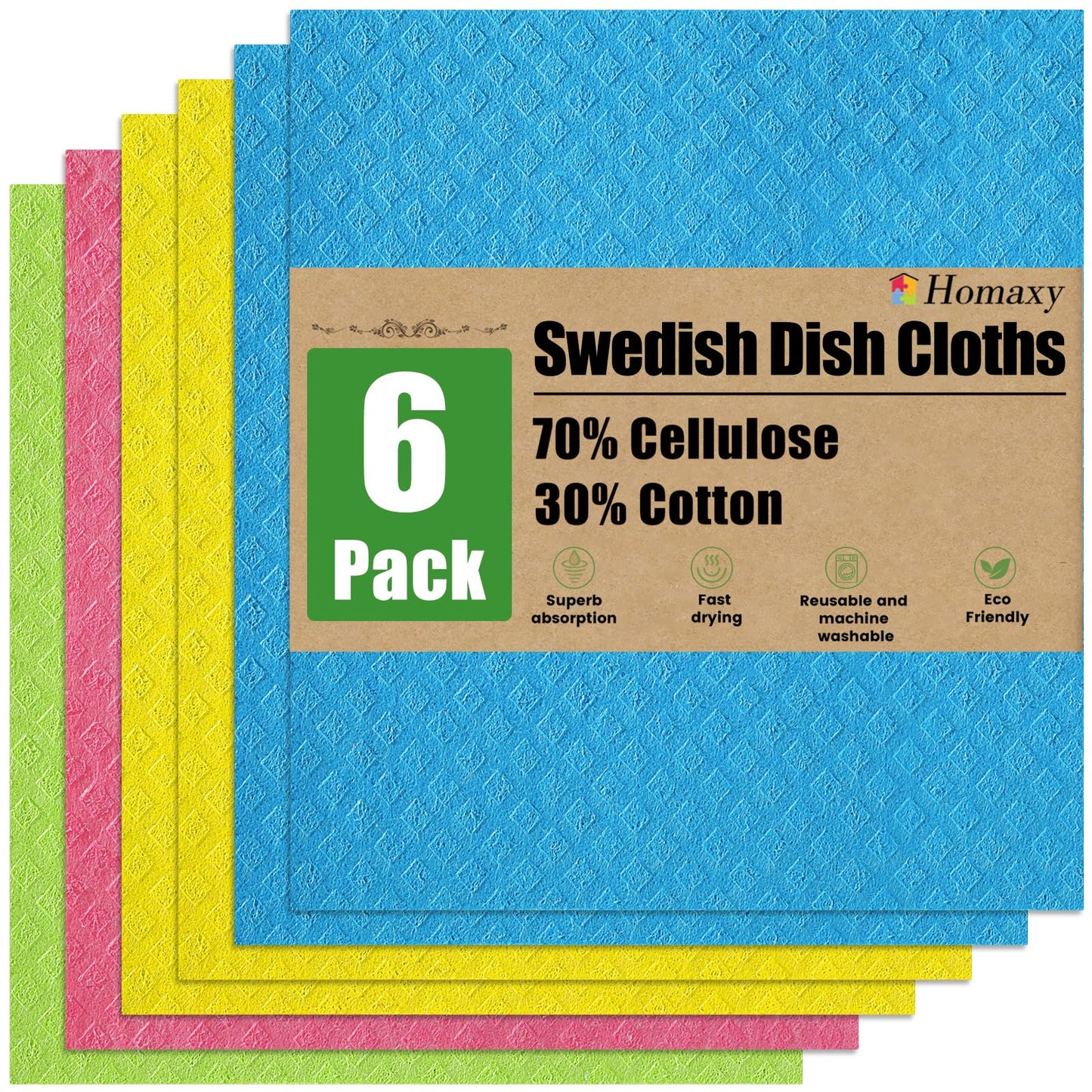 decorUhome Swedish Dishcloths for Kitchen 10 Pack Washable Dish Cloths Reusable Absorbent Cellulose Sponge Cloths, Assorted