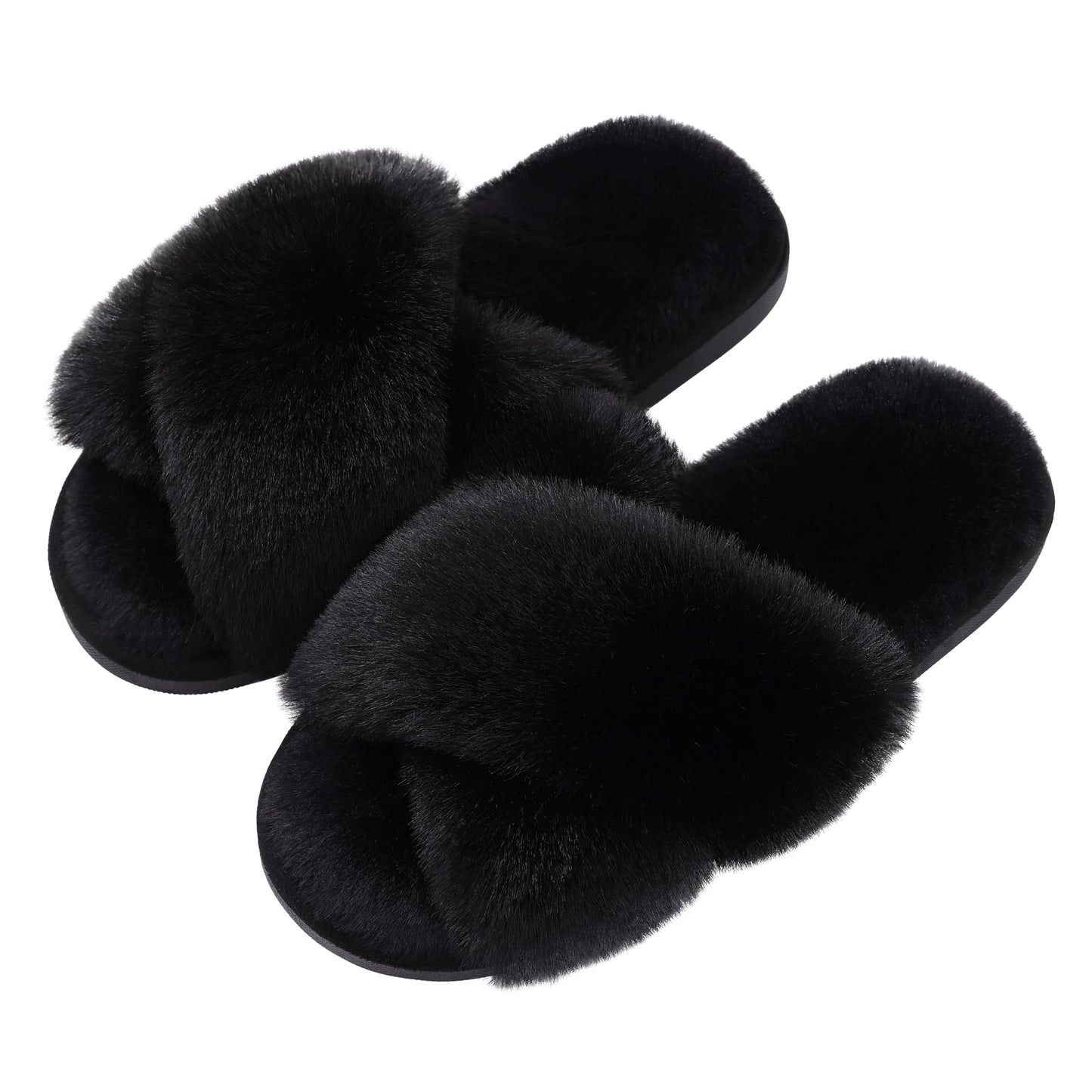 Litfun Women's Fuzzy Slippers Open Toe Cross Band Slippers Memory Foam House Slippers