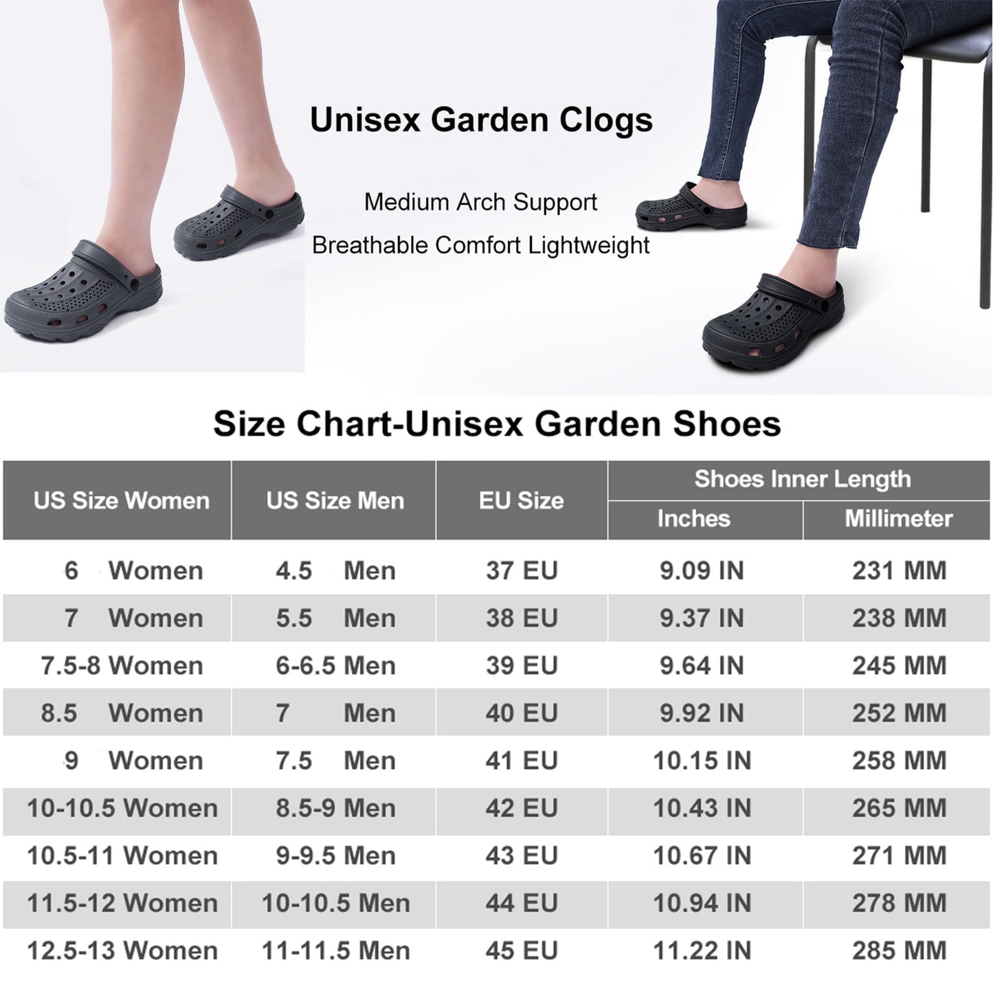 Litfun Unisex Garden Clogs Shoes with Arch Support Soft Slip-on Sandals for Women and Men