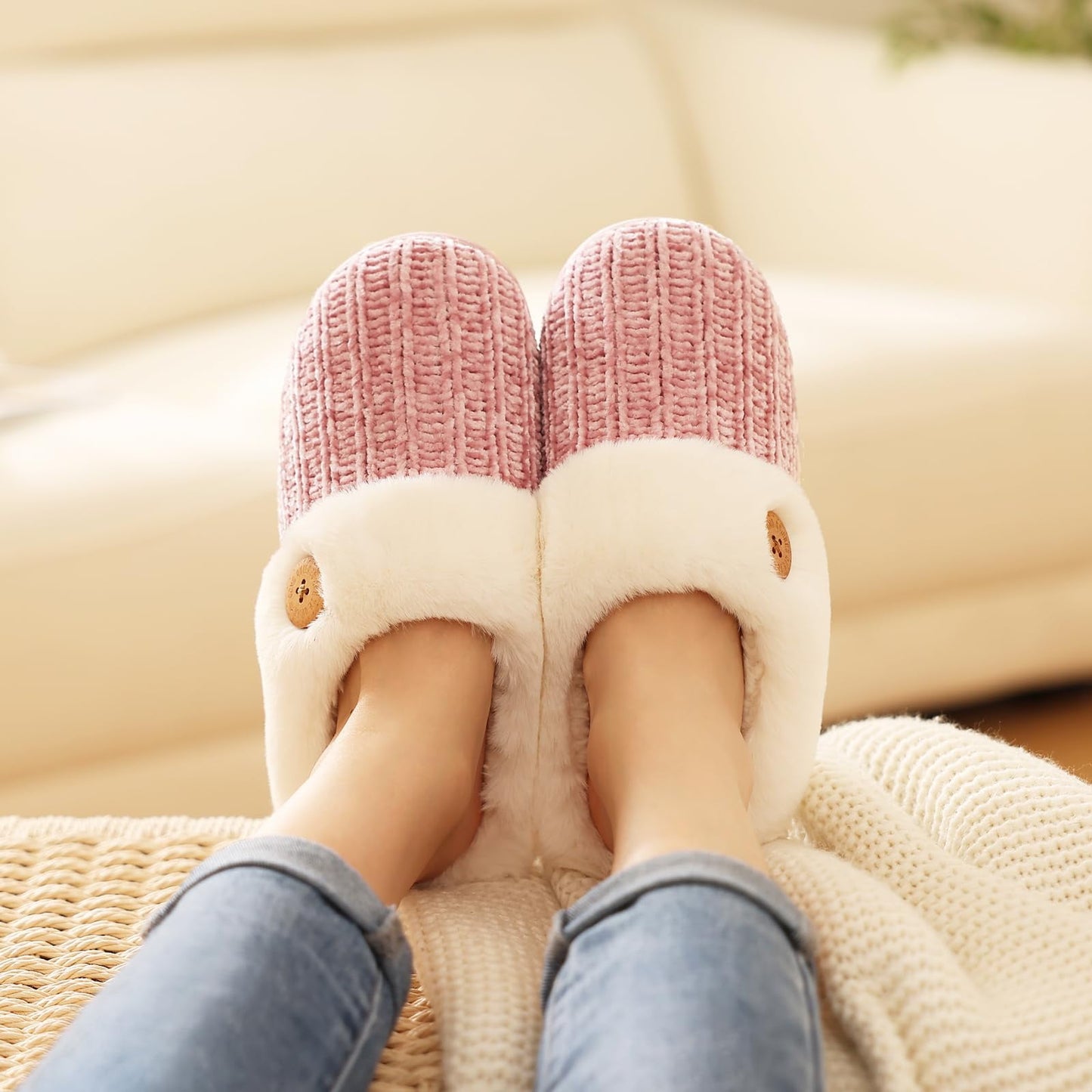 Litfun Fuzzy Slippers for Women Chenille Knit Fleece Slippers Memory Foam House Shoes