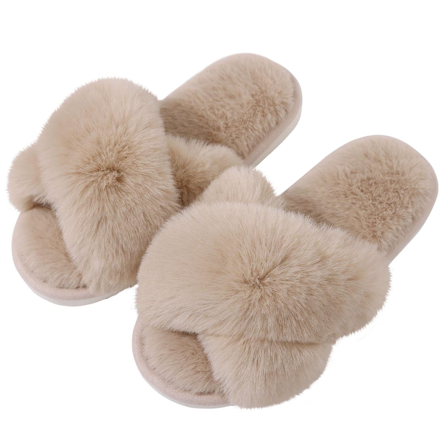 Litfun Women's Fuzzy Slippers Open Toe Cross Band Slippers Memory Foam House Slippers