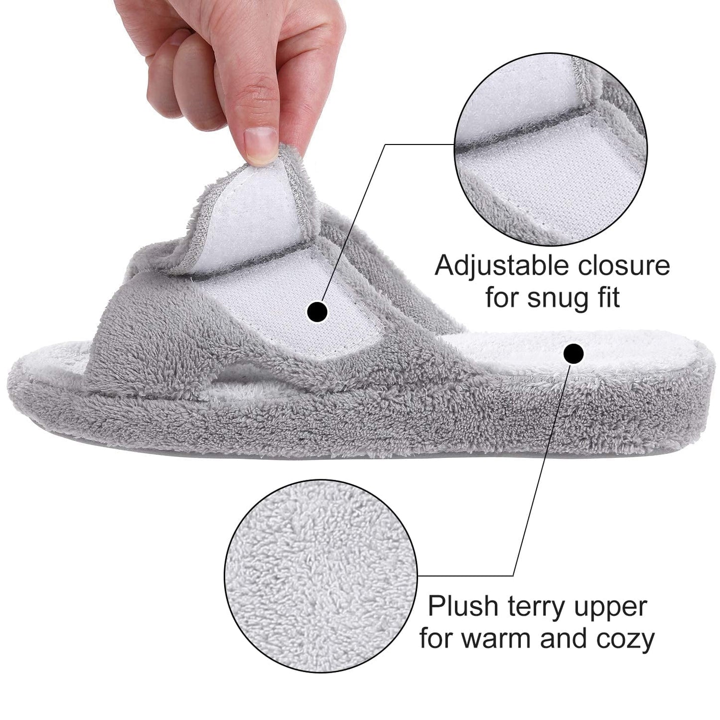 Litfun Women's Fuzzy Slippers Adjustable Indoor Slippers Open Toe House Shoes with Arch Support