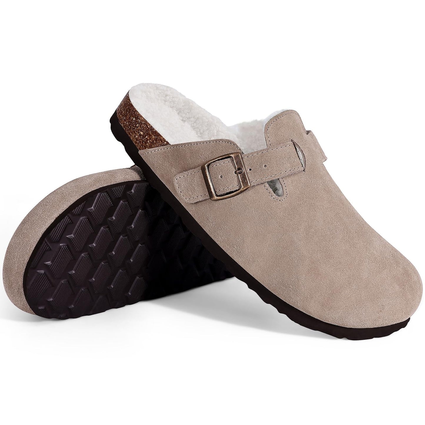 Litfun Women's Faux Fur Lined Suede Clogs Fuzzy Cork Footbed Mules Slip On Winter Shoes