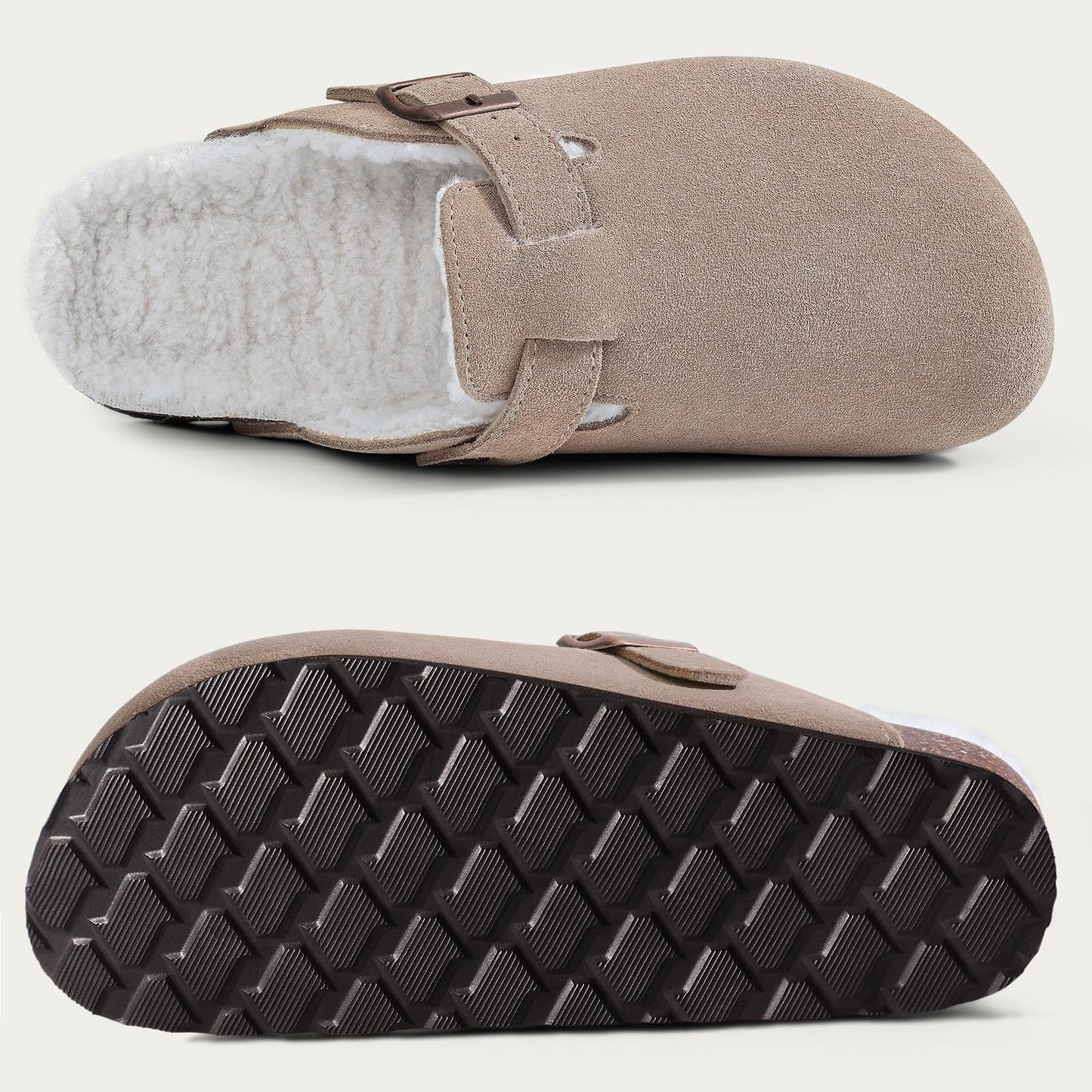 Litfun Women's Faux Fur Lined Suede Clogs Fuzzy Cork Footbed Mules Slip On Winter Shoes