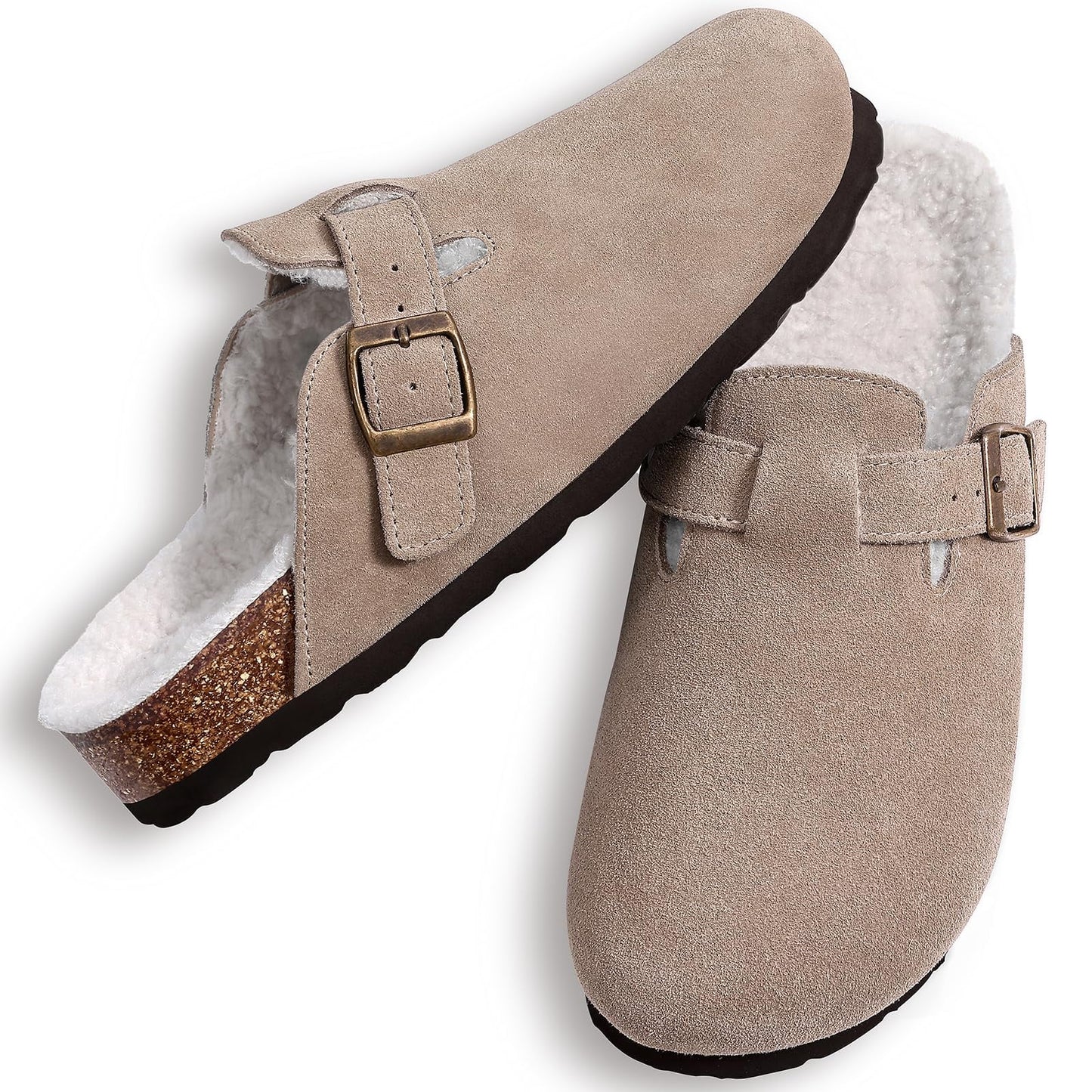 Litfun Women's Faux Fur Lined Suede Clogs Fuzzy Cork Footbed Mules Slip On Winter Shoes