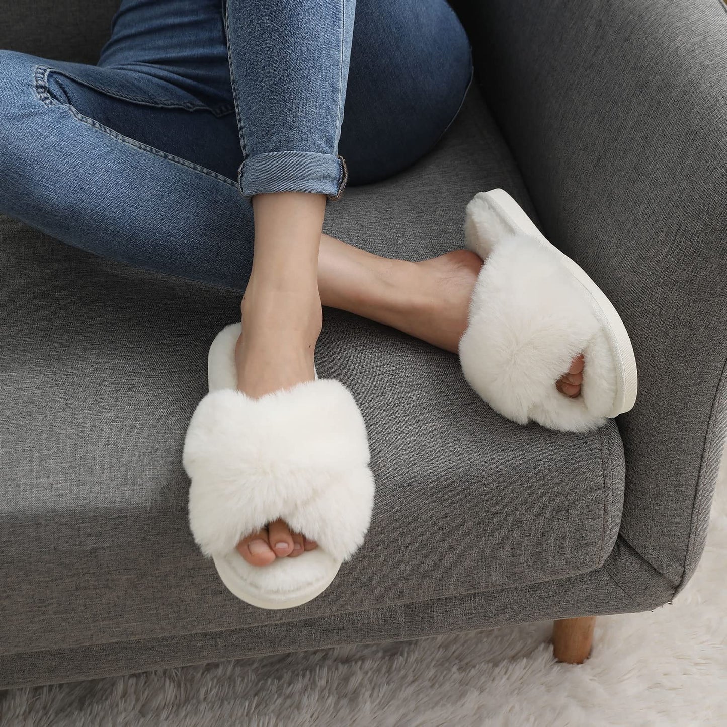 Litfun Women's Fuzzy Slippers Open Toe Cross Band Slippers Memory Foam House Slippers