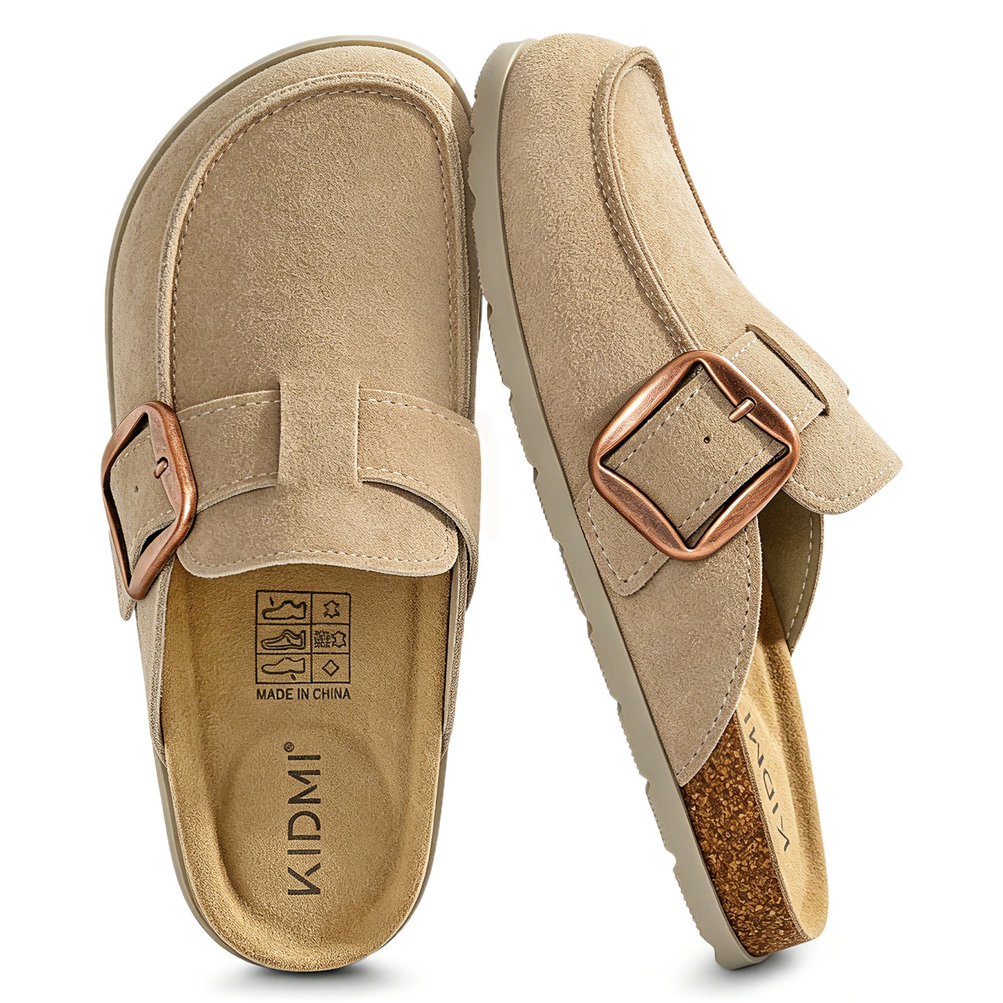 KIDMI Genuine Suede Clogs for Women Cork Footbed Leather Mules Slip On with Comfort Memory Foam and Adjustable Buckle