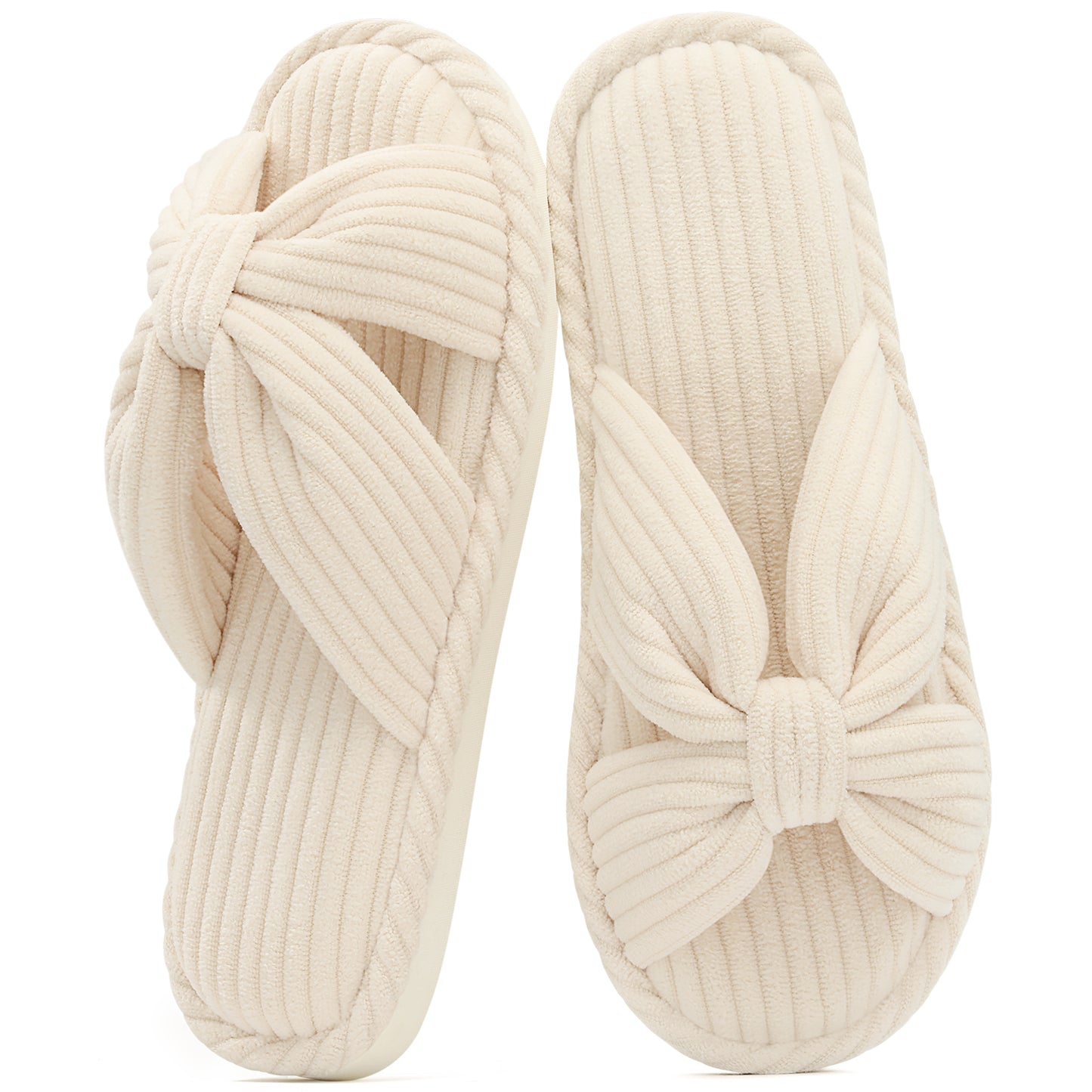 shevalues Memory Foam Slippers for Women Open Toe Indoor House Shoes | Soft Breathable Corduroy, Cross Bow, Non-Slip Sole, Slip On, Comfortable, Cushioning, Lightweight, Machine Washable