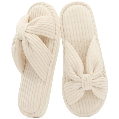 shevalues Memory Foam Slippers for Women Open Toe Indoor House Shoes | Soft Breathable Corduroy, Cross Bow, Non-Slip Sole, Slip On, Comfortable, Cushioning, Lightweight, Machine Washable