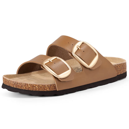 Litfun Unisex Cork Footbed Slide Sandals with Adjustable Buckles Summer Leather Flat Sandals for Women, Brown