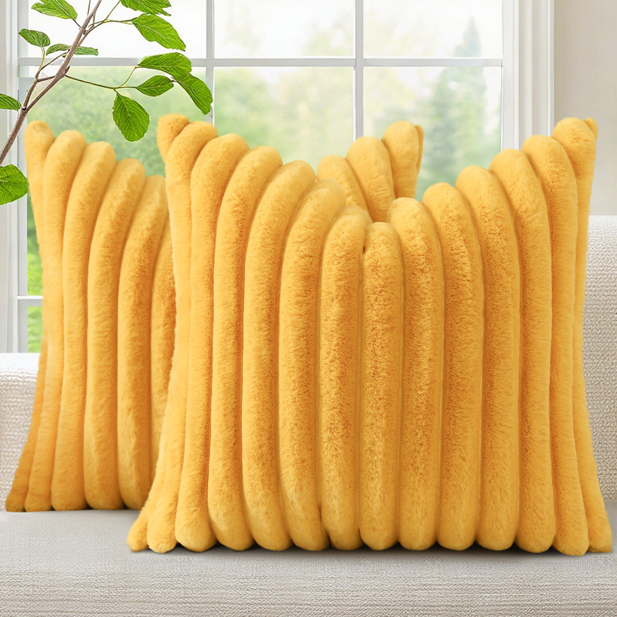 Smile Bee Faux Fur Plush Decorative Throw Pillow Covers Set of 2