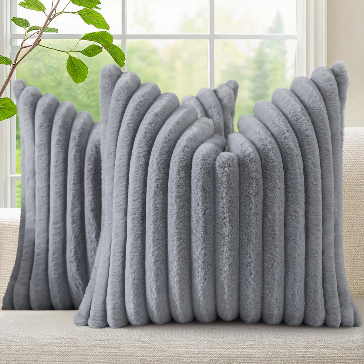 Smile Bee Faux Fur Plush Decorative Throw Pillow Covers Set of 2