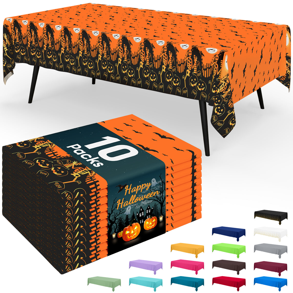 decorUhome Disposable Halloween Tablecloth - 6 Pack, Pumpkin Bat
