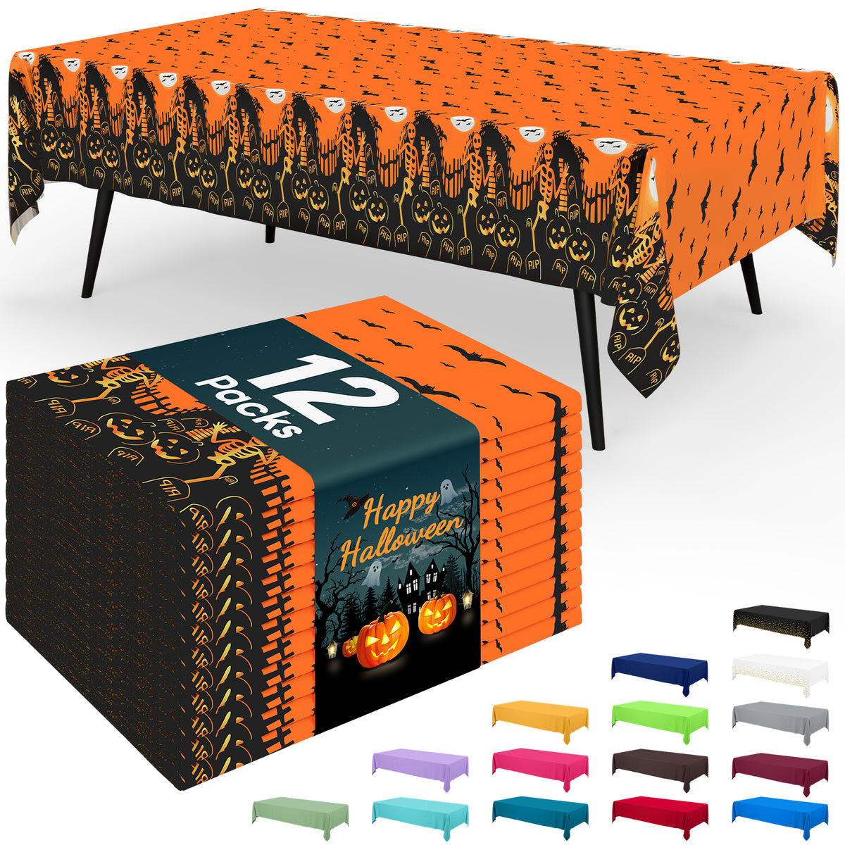 decorUhome Disposable Halloween Tablecloth - 6 Pack, Pumpkin Bat