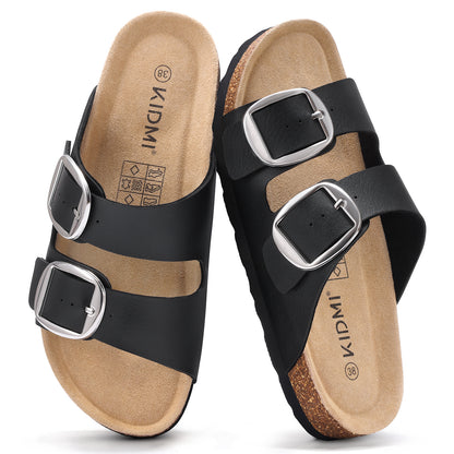 Comwarm Women's Cork Footbed Slide Sandals, Comfortable Arch Support Summer Slip On Sandals with Adjustable Buckle
