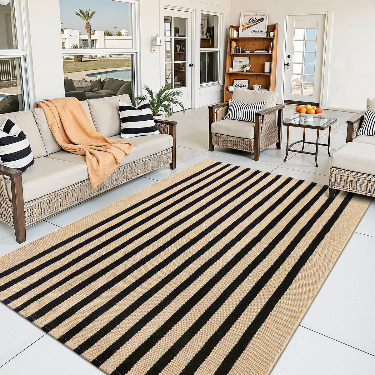 Buganda Beige and Black Striped Area Rug