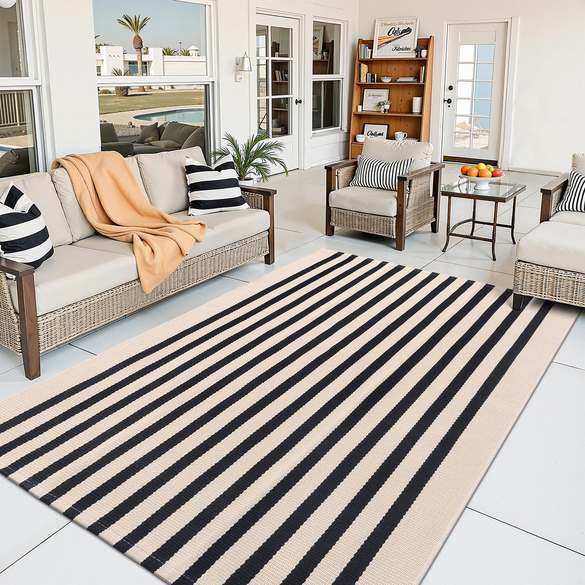 Buganda Beige and Black Striped Area Rug