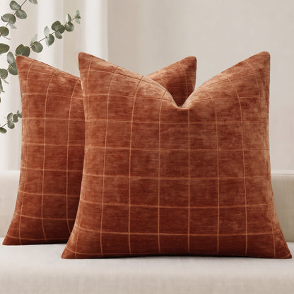 decorUhome Chenille Plaid Throw Pillow Covers 18x18 Set of 2