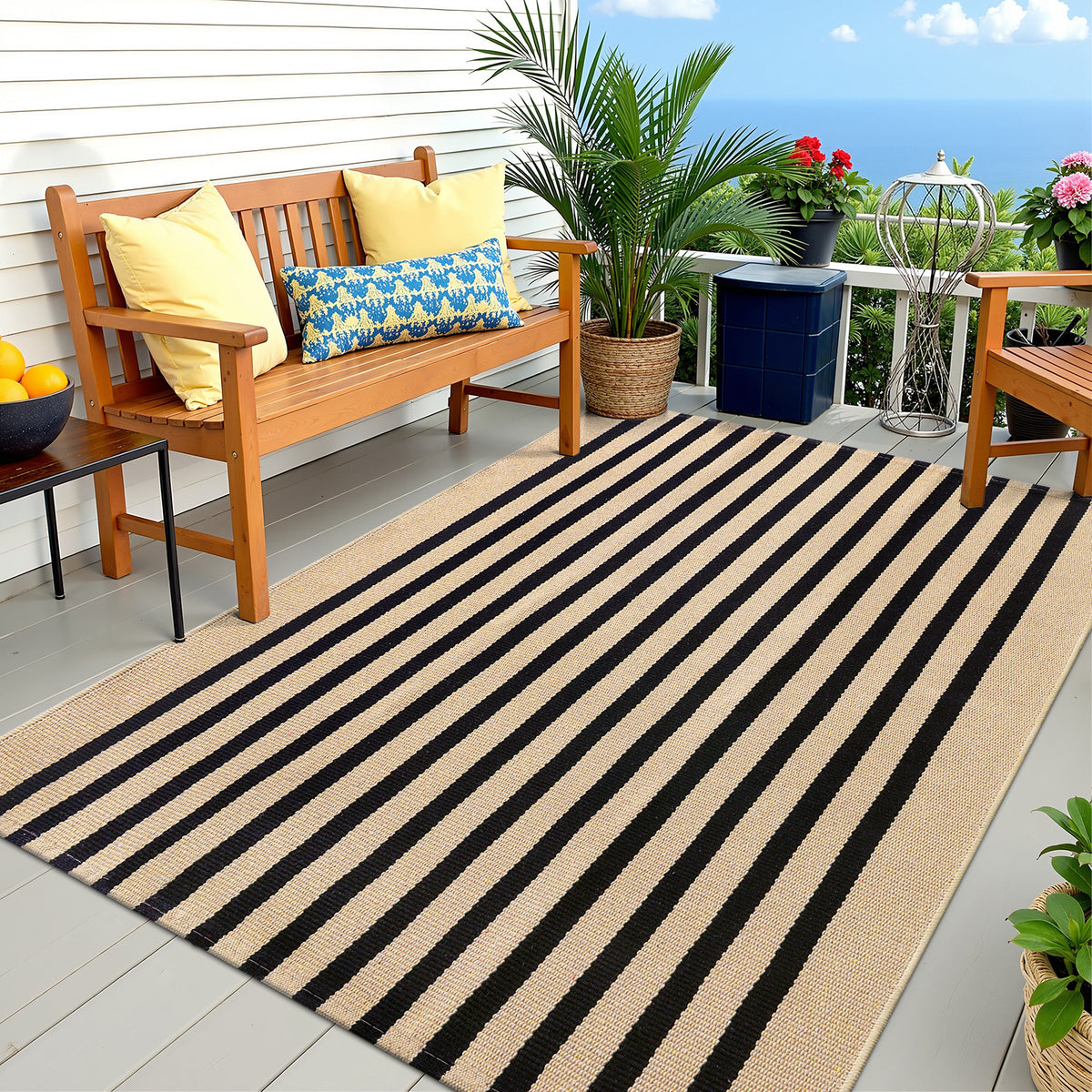 Buganda Beige and Black Striped Area Rug