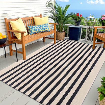 Buganda Beige and Black Striped Area Rug