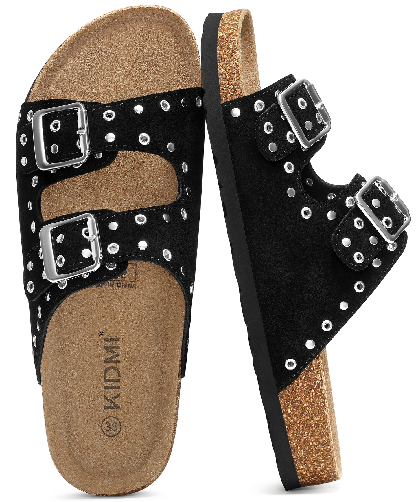 KIDMI Genuine Suede Cork Footbed Sandals for Women Comfortable Summer Slides with Buckle