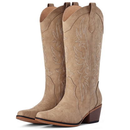 Litfun Cowboy Boots for Women Wide Calf Embroidered Cowgirl Boots Pointed Toe Chunky Block Heel Western Boots