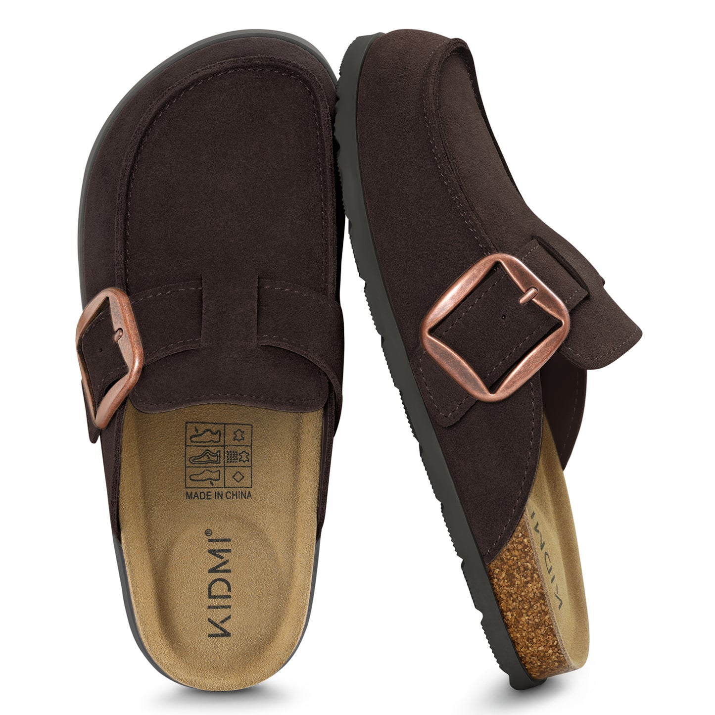 KIDMI Genuine Suede Clogs for Women Cork Footbed Leather Mules Slip On with Comfort Memory Foam and Adjustable Buckle