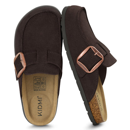 KIDMI Genuine Suede Clogs for Women Cork Footbed Leather Mules Slip On with Comfort Memory Foam and Adjustable Buckle