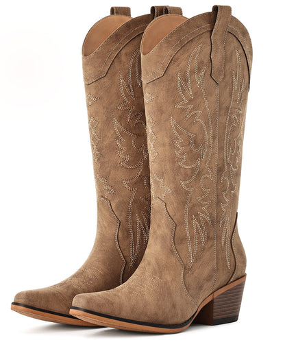 Litfun Cowboy Boots for Women Wide Calf Embroidered Cowgirl Boots Pointed Toe Chunky Block Heel Western Boots