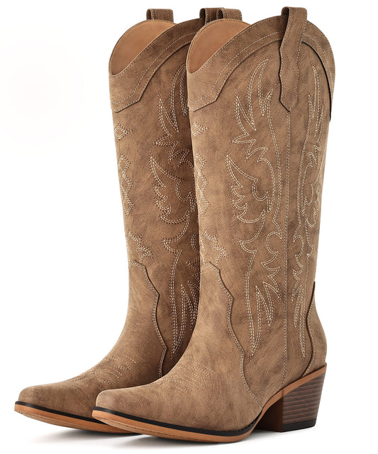 Litfun Cowboy Boots for Women Wide Calf Embroidered Cowgirl Boots Pointed Toe Chunky Block Heel Western Boots