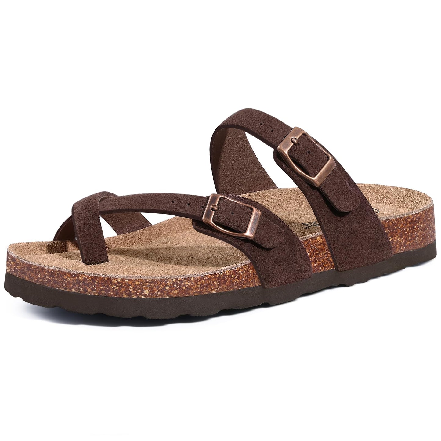 Litfun Women's Genuine Suede Cork Footbed Sandals Comfortable Summer Slides with Adjustable Buckle