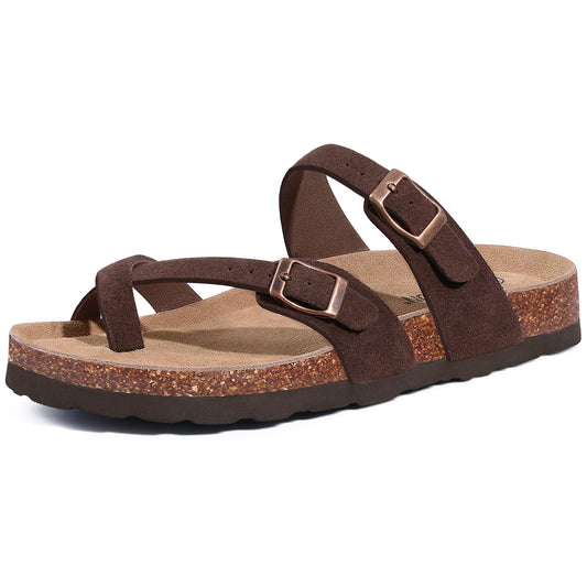 Litfun Women's Genuine Suede Cork Footbed Sandals Comfortable Summer Slides with Adjustable Buckle