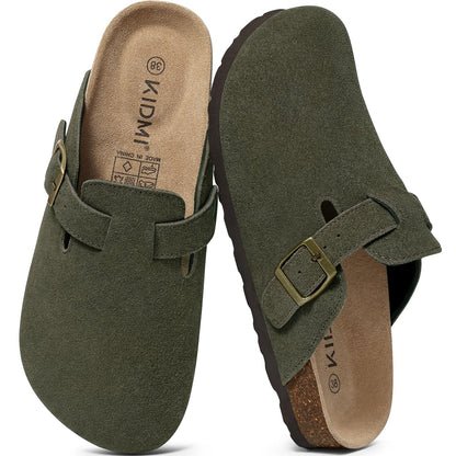 KIDMI Women's Suede Clogs Leather Mules Cork Footbed Sandals Potato Shoes with Arch Support