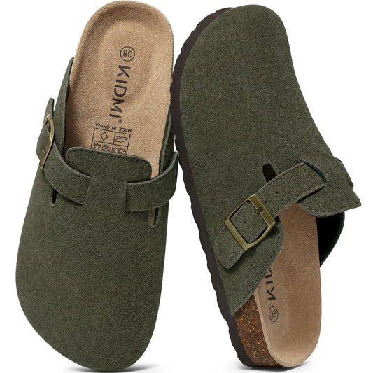 KIDMI Women's Suede Clogs Leather Mules Cork Footbed Sandals Potato Shoes with Arch Support