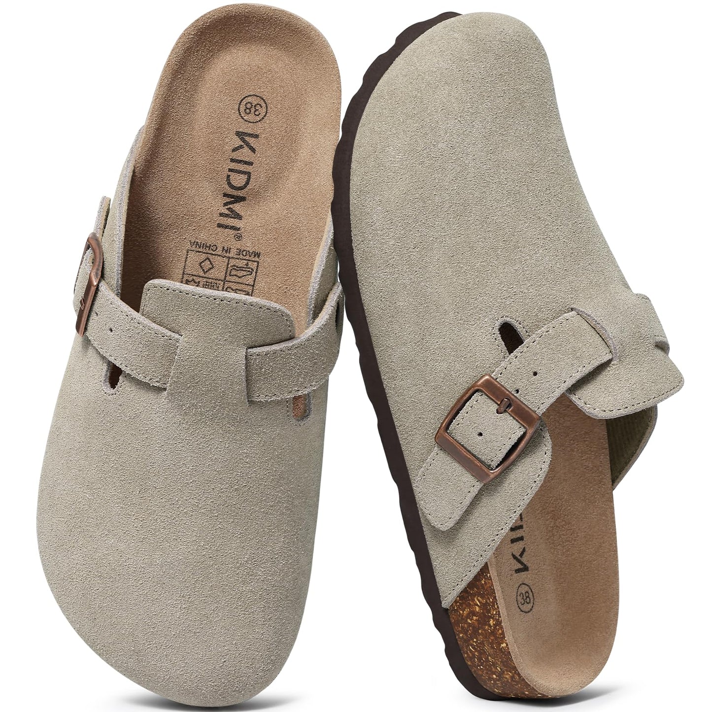 KIDMI Women's Suede Clogs Leather Mules Cork Footbed Sandals Potato Shoes with Arch Support