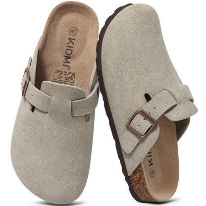 KIDMI Women's Suede Clogs Leather Mules Cork Footbed Sandals Potato Shoes with Arch Support