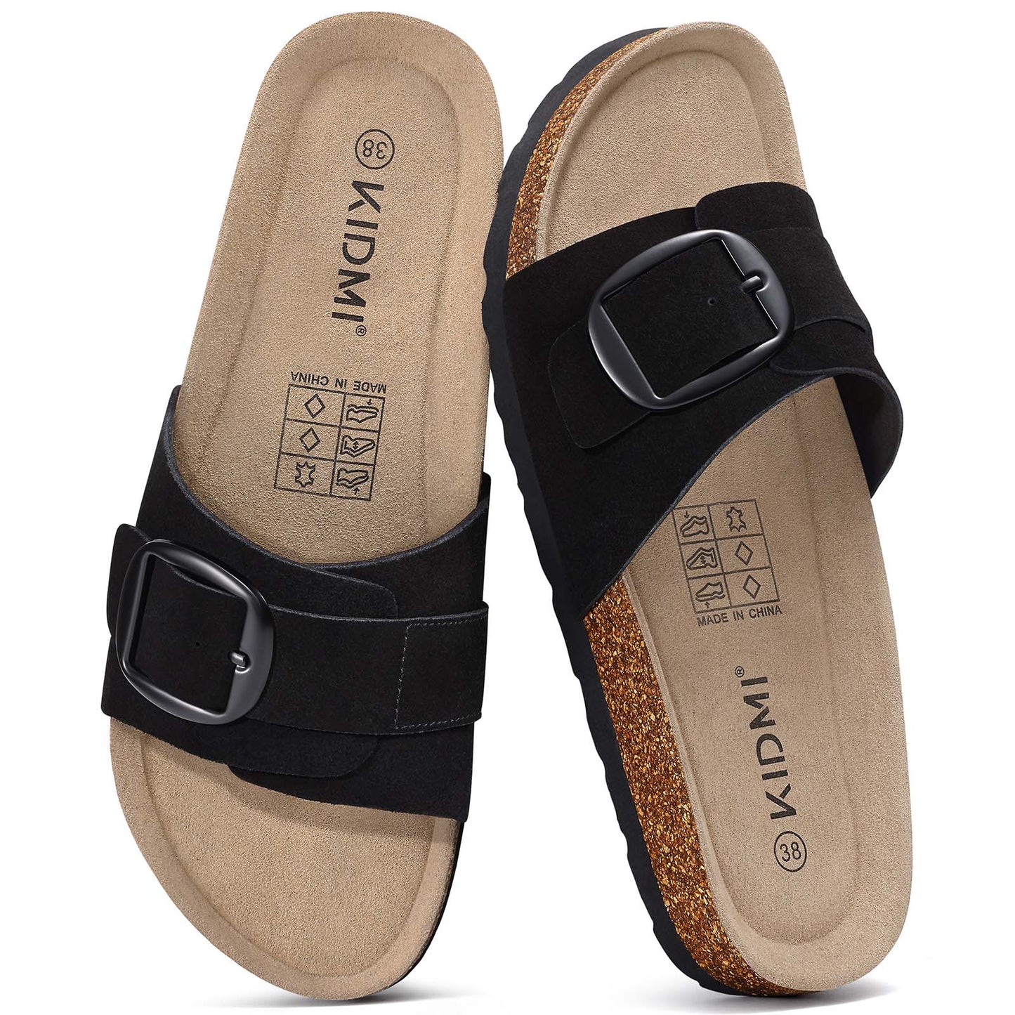 KIDMI Genuine Suede Cork Footbed Sandals for Women Comfortable Summer Slides with Buckle