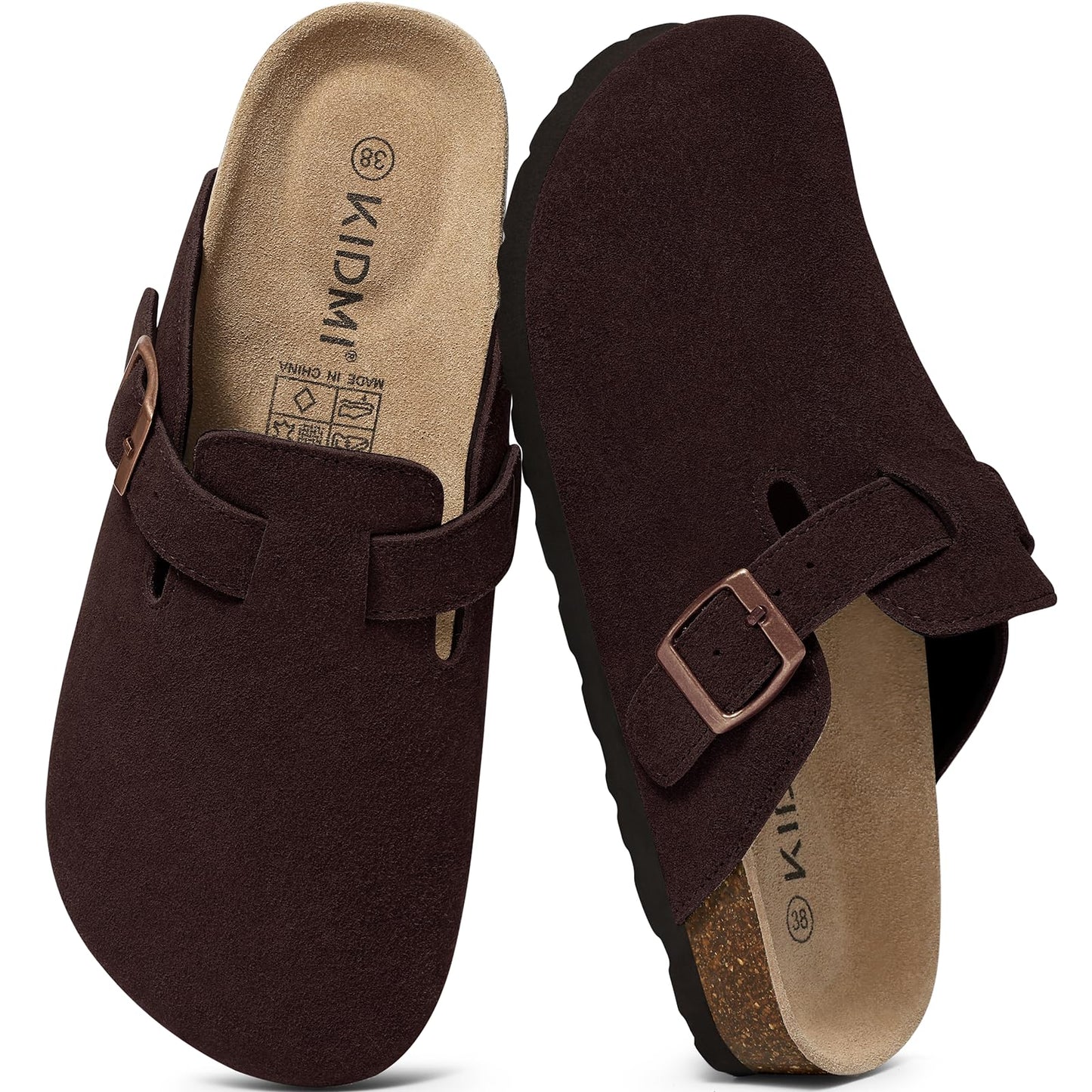 KIDMI Women's Suede Clogs Leather Mules Cork Footbed Sandals Potato Shoes with Arch Support