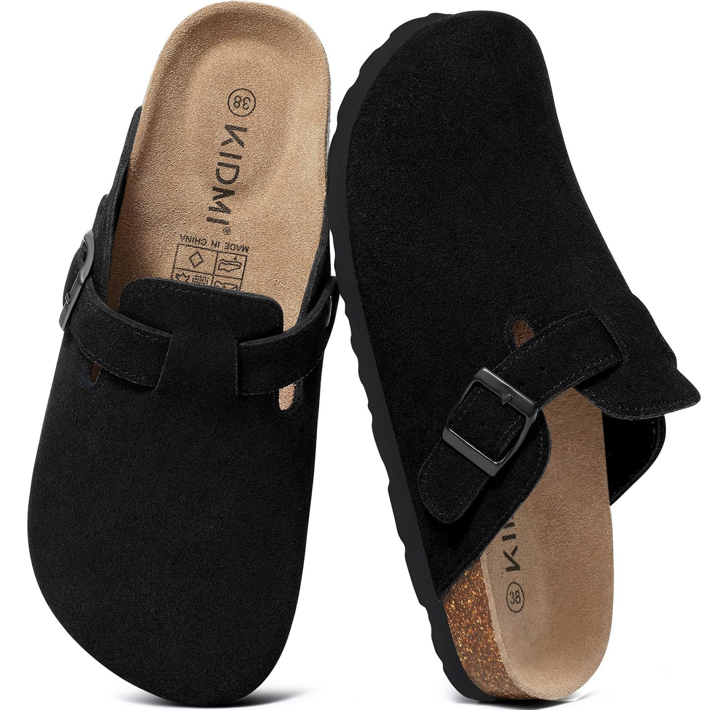 KIDMI Women's Suede Clogs Leather Mules Cork Footbed Sandals Potato Shoes with Arch Support