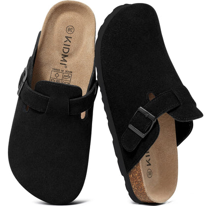 KIDMI Women's Suede Clogs Leather Mules Cork Footbed Sandals Potato Shoes with Arch Support