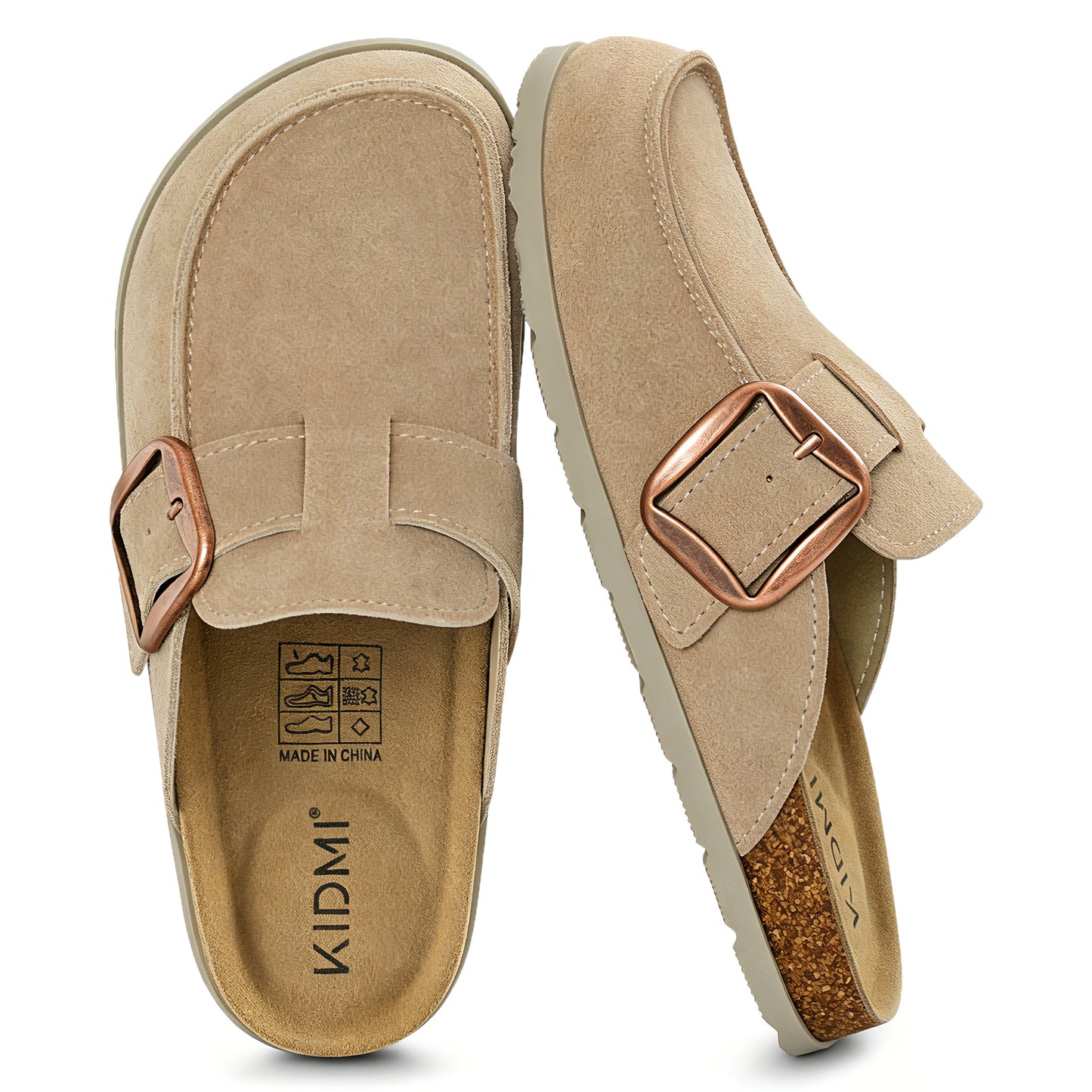 KIDMI Genuine Suede Clogs for Women Cork Footbed Leather Mules Slip On with Comfort Memory Foam and Adjustable Buckle