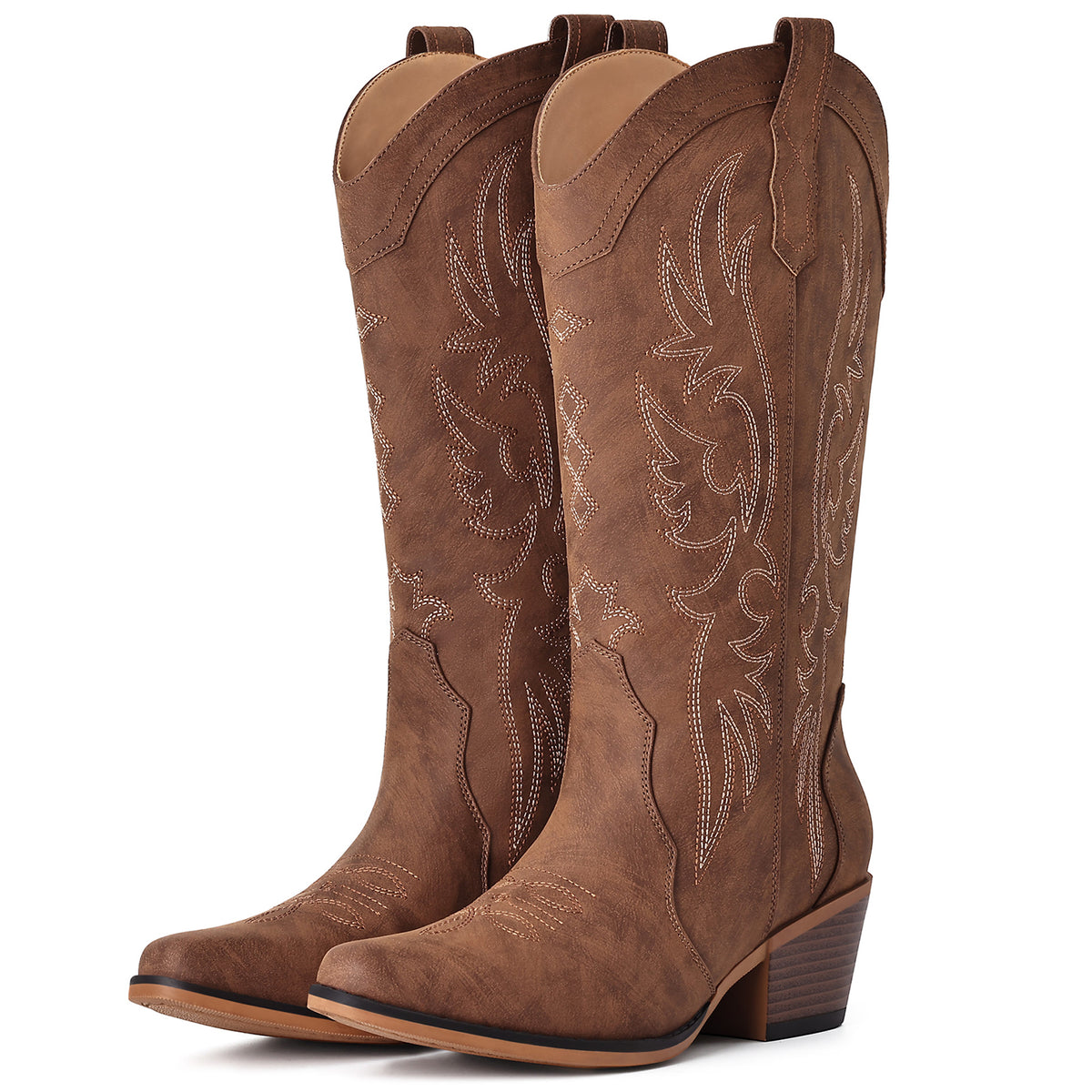 Litfun Cowboy Boots for Women Wide Calf Embroidered Cowgirl Boots Pointed Toe Chunky Block Heel Western Boots