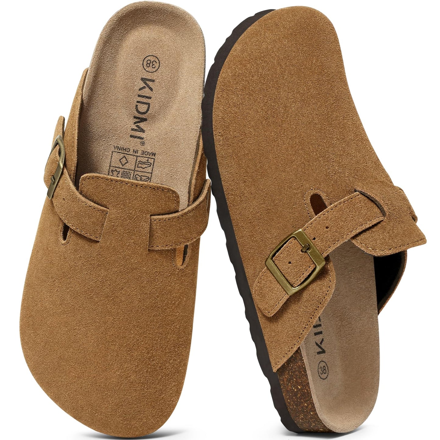 KIDMI Women's Suede Clogs Leather Mules Cork Footbed Sandals Potato Shoes with Arch Support