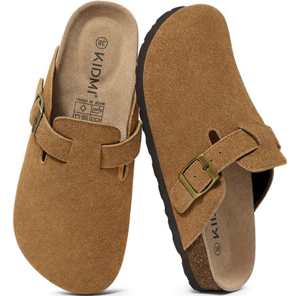 KIDMI Women's Suede Clogs Leather Mules Cork Footbed Sandals Potato Shoes with Arch Support