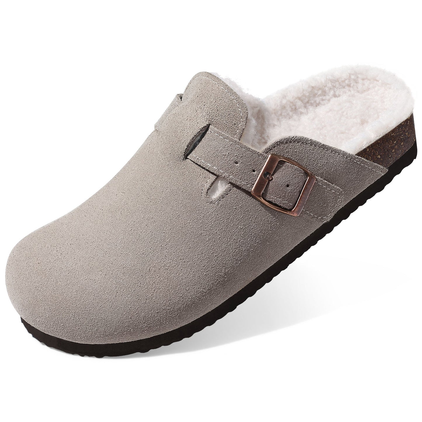 KIDMI Women's Fur Lined Suede Clogs Fuzzy Cork Footbed Mules Slip On Winter Potato Shoes