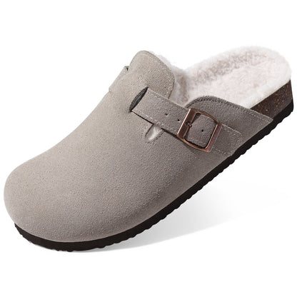 KIDMI Women's Fur Lined Suede Clogs Fuzzy Cork Footbed Mules Slip On Winter Potato Shoes